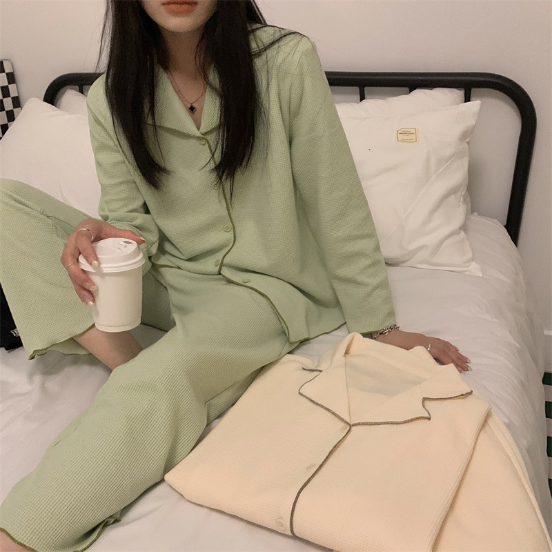 華夫格純棉睡衣女ins風可外穿年春秋新款休閑家居服兩件套裝-細節圖9