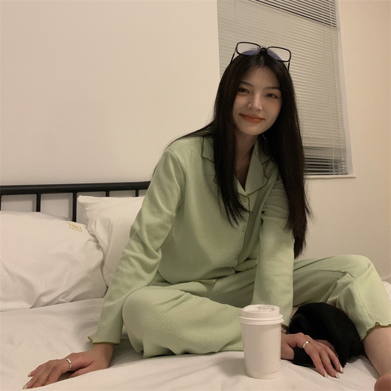 華夫格純棉睡衣女ins風可外穿年春秋新款休閑家居服兩件套裝-細節圖10
