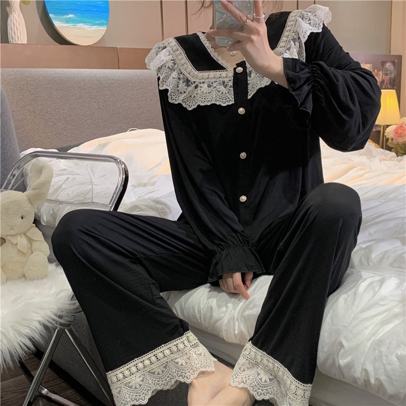 睡衣女年新款宮廷風蕾絲花邊v領長袖家居服套裝高級感春秋ins-細節圖2