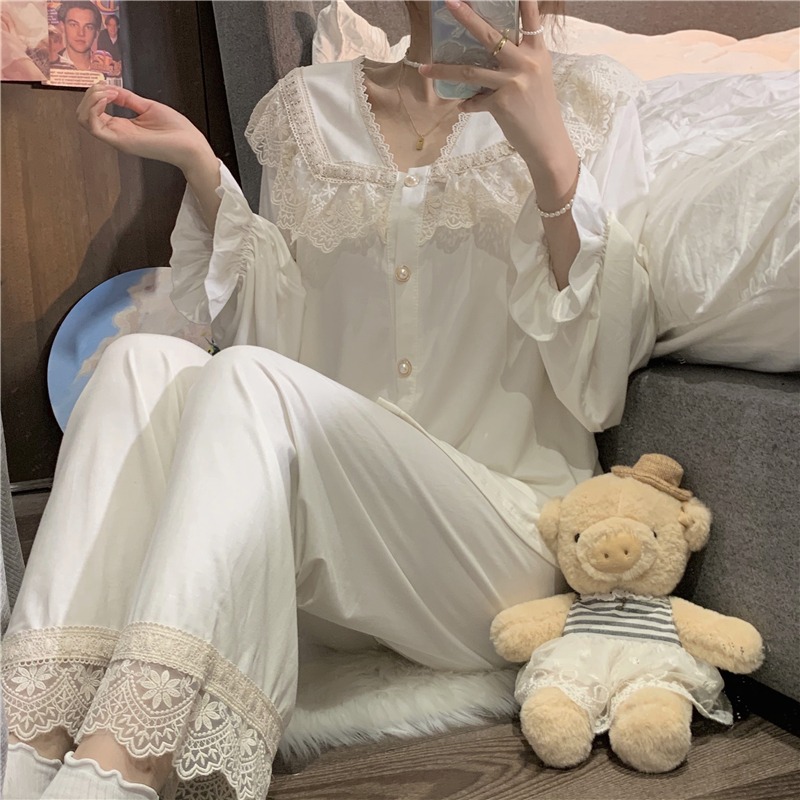 睡衣女年新款宮廷風蕾絲花邊v領長袖家居服套裝高級感春秋ins-細節圖3