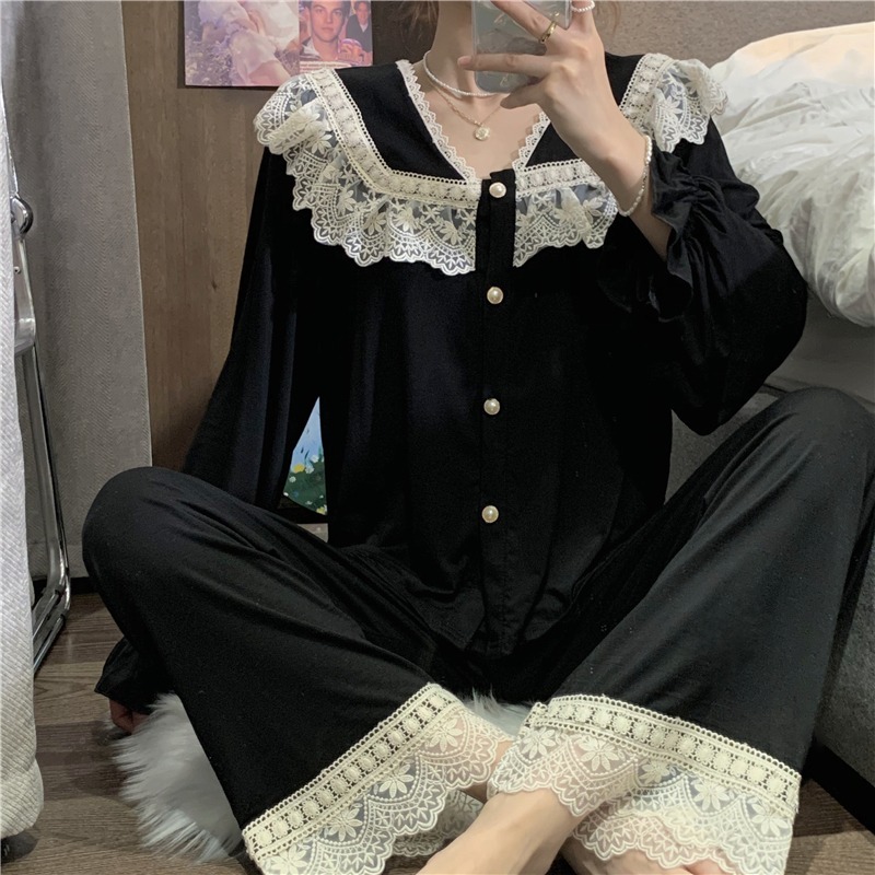 睡衣女年新款宮廷風蕾絲花邊v領長袖家居服套裝高級感春秋ins-細節圖4