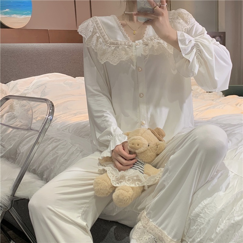睡衣女年新款宮廷風蕾絲花邊v領長袖家居服套裝高級感春秋ins-細節圖5