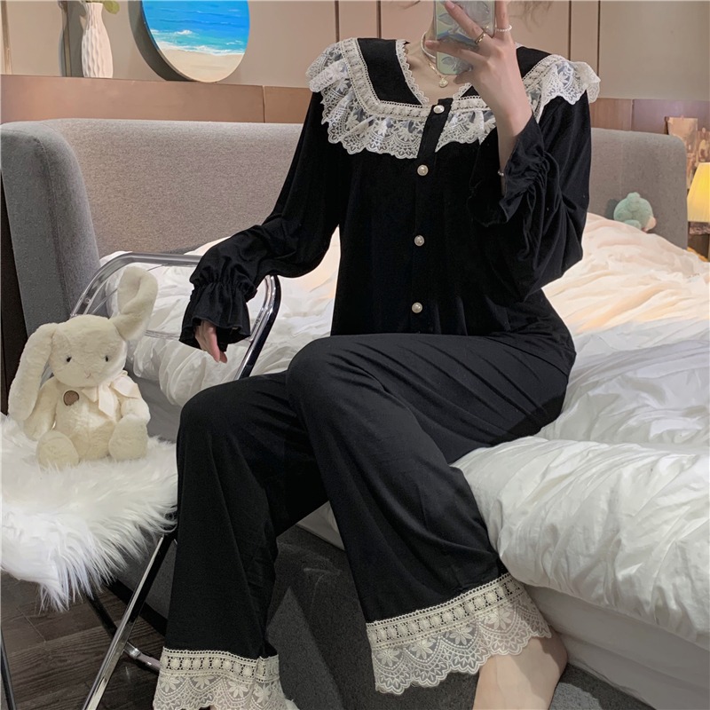 睡衣女年新款宮廷風蕾絲花邊v領長袖家居服套裝高級感春秋ins-細節圖7