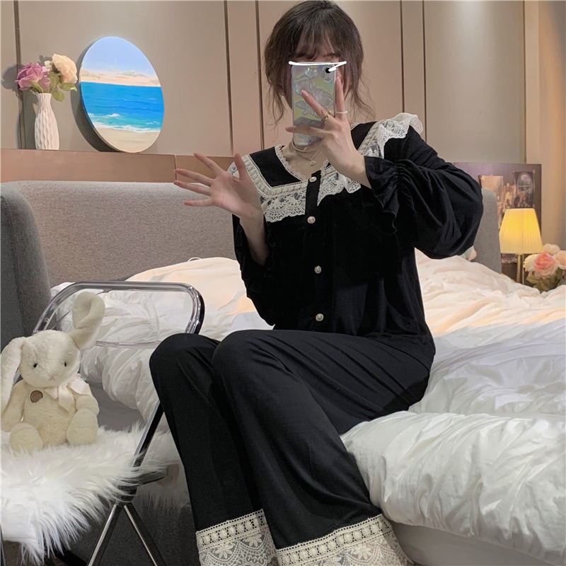 睡衣女年新款宮廷風蕾絲花邊v領長袖家居服套裝高級感春秋ins-細節圖8