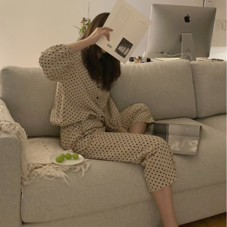 波點印花長袖睡衣女春秋款小翻領家居服ins風冬季兩件套裝可外穿-細節圖4