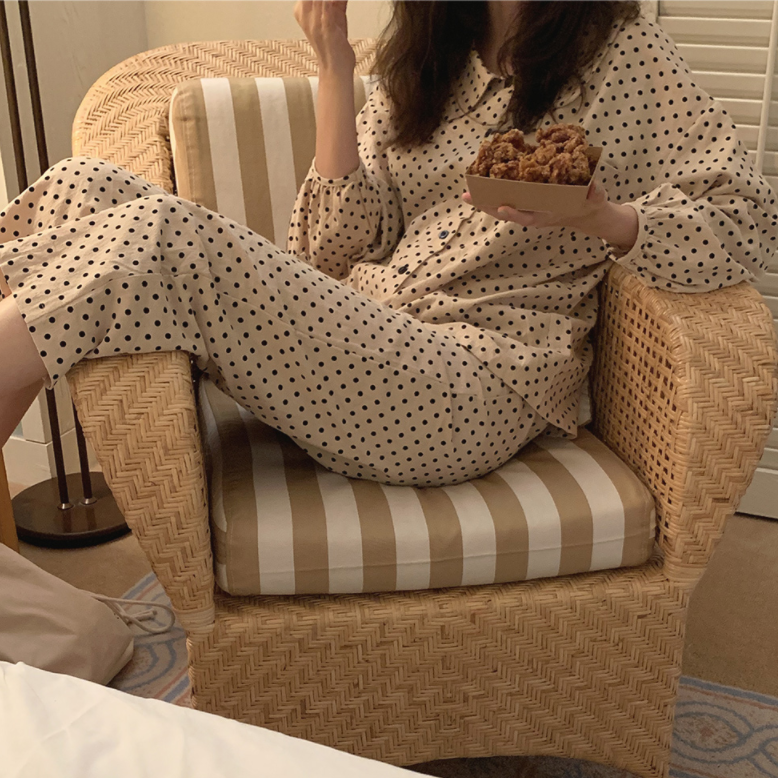 波點印花長袖睡衣女春秋款小翻領家居服ins風冬季兩件套裝可外穿-細節圖5