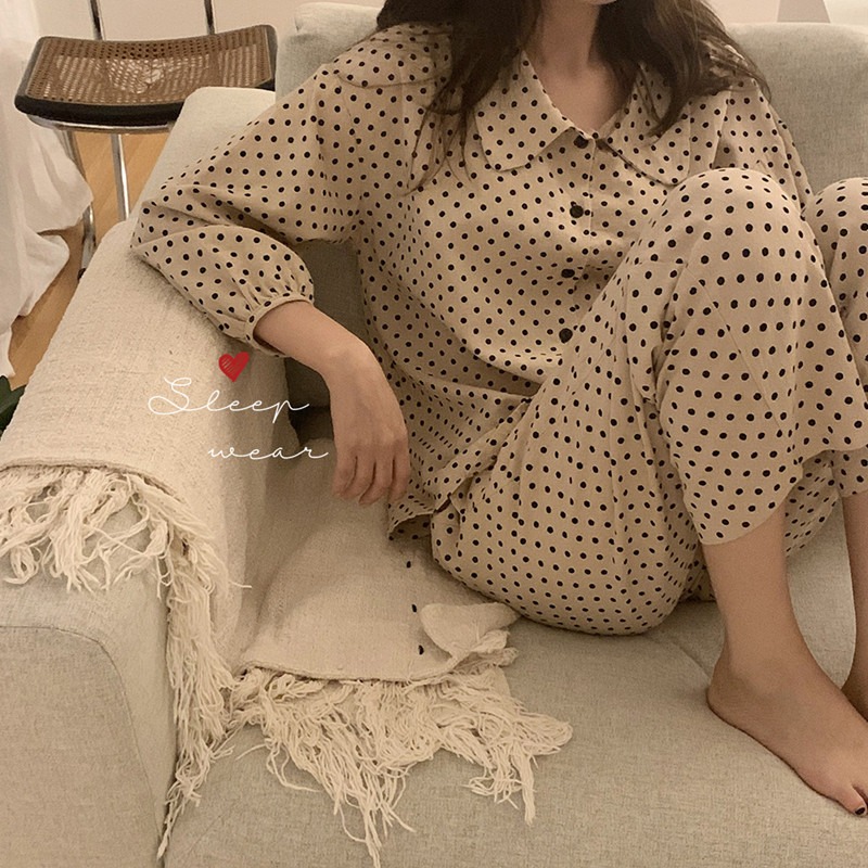 波點印花長袖睡衣女春秋款小翻領家居服ins風冬季兩件套裝可外穿-細節圖6