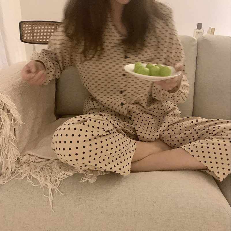 波點印花長袖睡衣女春秋款小翻領家居服ins風冬季兩件套裝可外穿-細節圖7