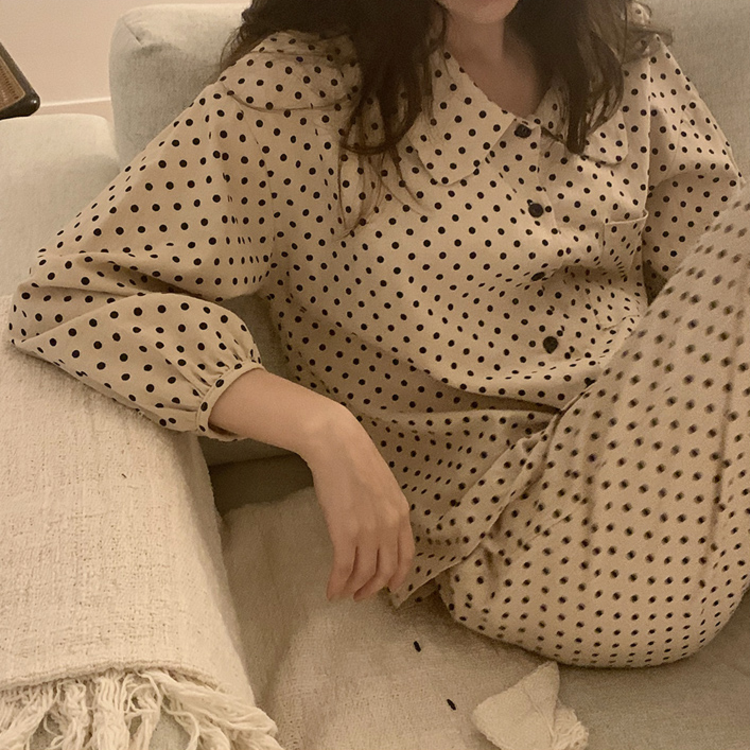 波點印花長袖睡衣女春秋款小翻領家居服ins風冬季兩件套裝可外穿-細節圖8