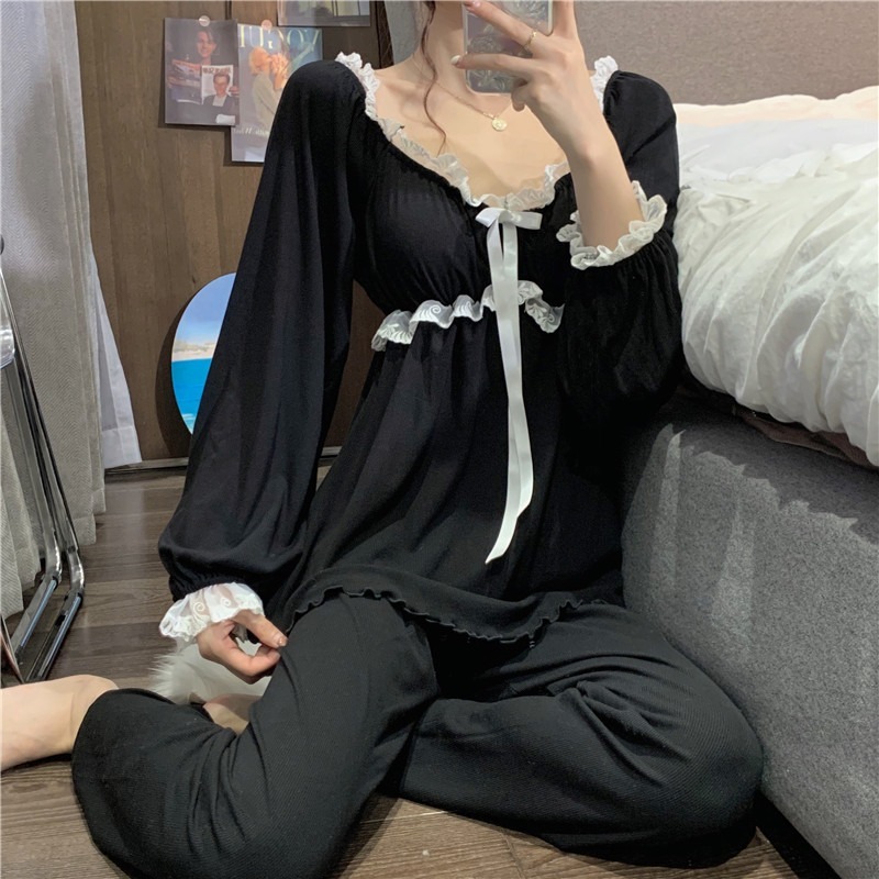 純欲風帶胸墊長袖睡衣女ins蕾絲花邊蝴蝶結家居服套裝可外穿春秋-細節圖2