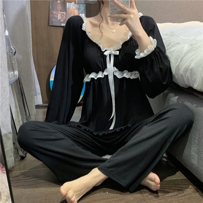 純欲風帶胸墊長袖睡衣女ins蕾絲花邊蝴蝶結家居服套裝可外穿春秋-細節圖3