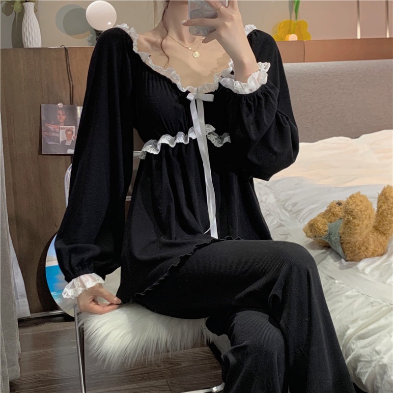 純欲風帶胸墊長袖睡衣女ins蕾絲花邊蝴蝶結家居服套裝可外穿春秋-細節圖4