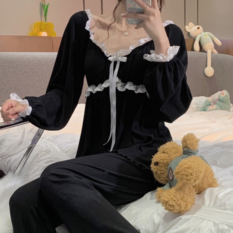純欲風帶胸墊長袖睡衣女ins蕾絲花邊蝴蝶結家居服套裝可外穿春秋-細節圖5
