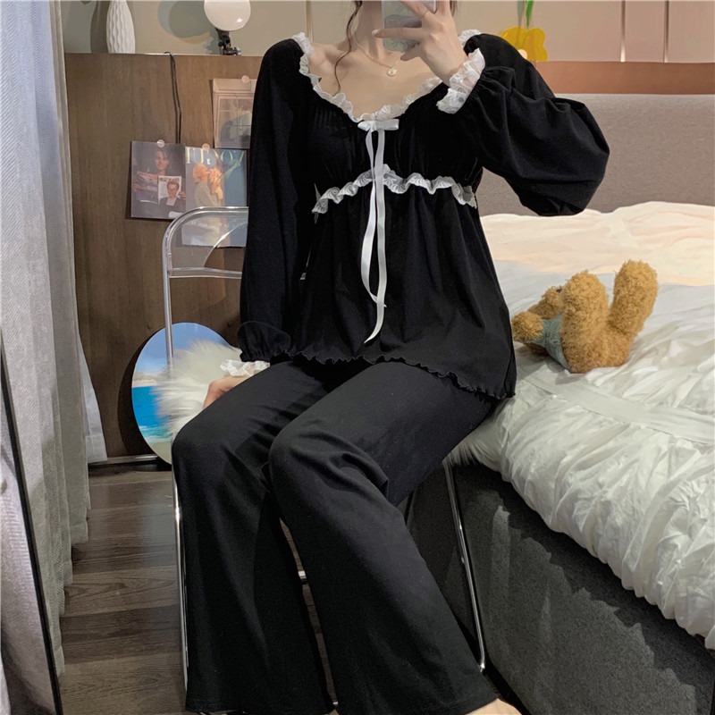 純欲風帶胸墊長袖睡衣女ins蕾絲花邊蝴蝶結家居服套裝可外穿春秋-細節圖8