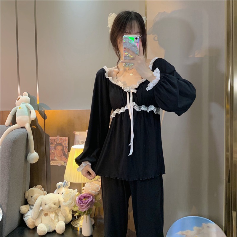 純欲風帶胸墊長袖睡衣女ins蕾絲花邊蝴蝶結家居服套裝可外穿春秋-細節圖10