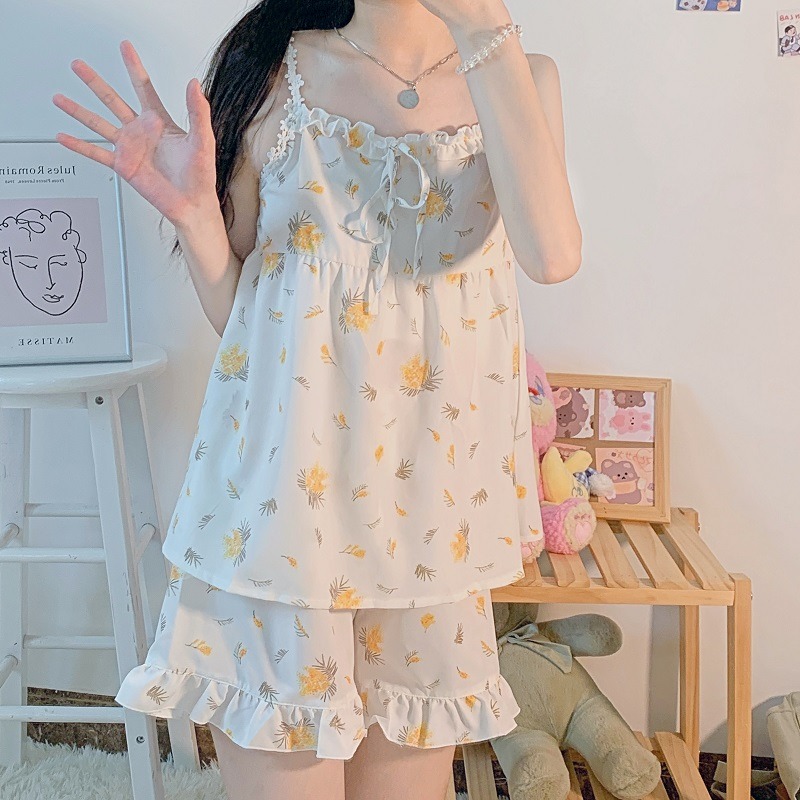 可愛花邊吊帶睡衣短褲女夏季年新款學生純欲家居服ins風套裝-細節圖2