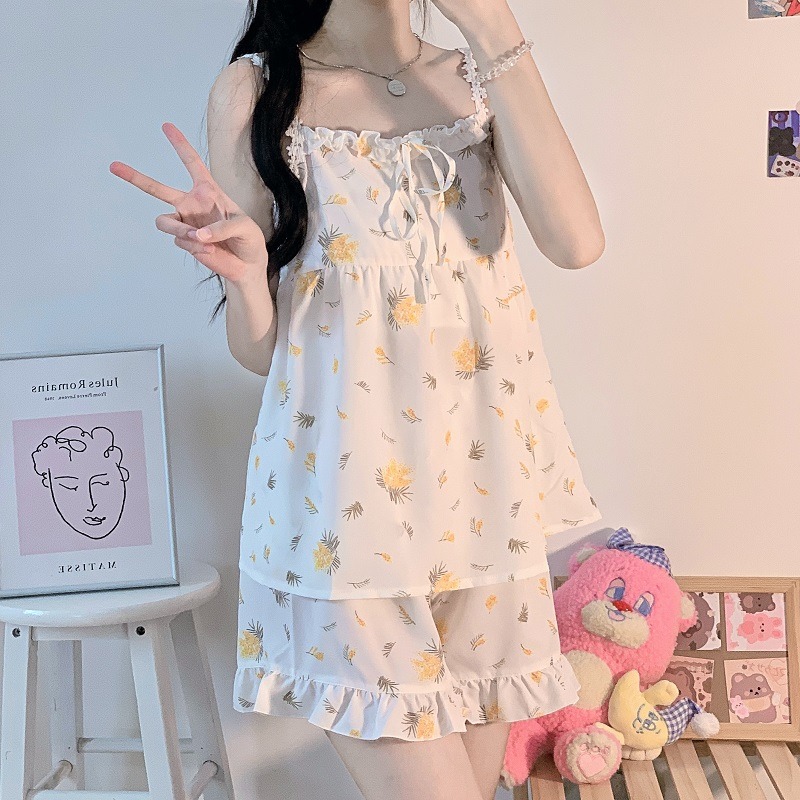 可愛花邊吊帶睡衣短褲女夏季年新款學生純欲家居服ins風套裝-細節圖4