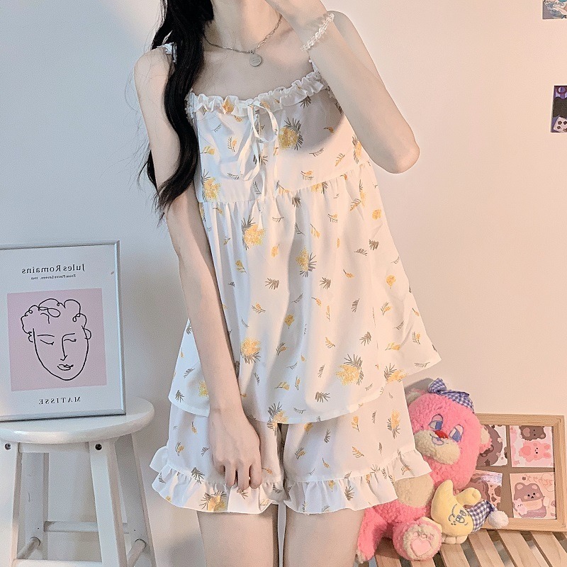 可愛花邊吊帶睡衣短褲女夏季年新款學生純欲家居服ins風套裝-細節圖5