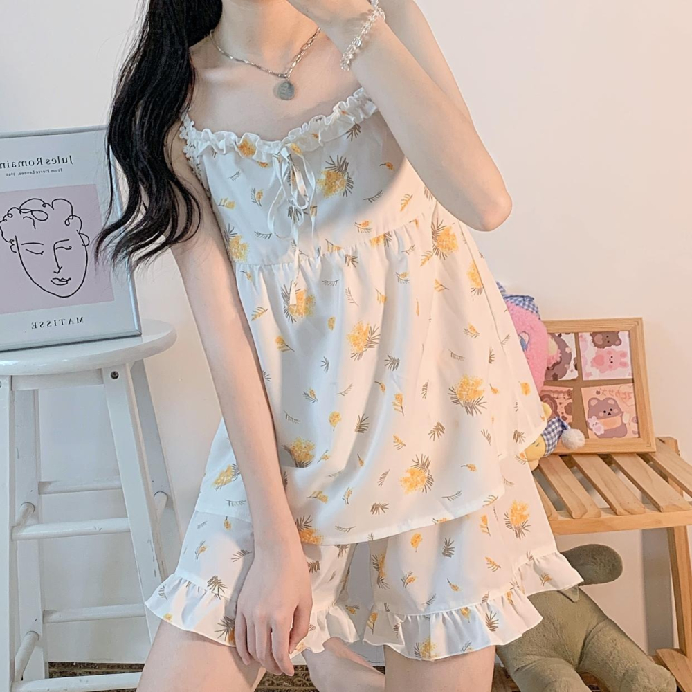 可愛花邊吊帶睡衣短褲女夏季年新款學生純欲家居服ins風套裝-細節圖6