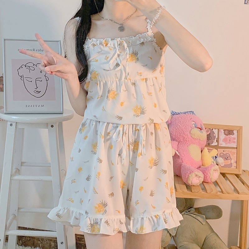 可愛花邊吊帶睡衣短褲女夏季年新款學生純欲家居服ins風套裝-細節圖8