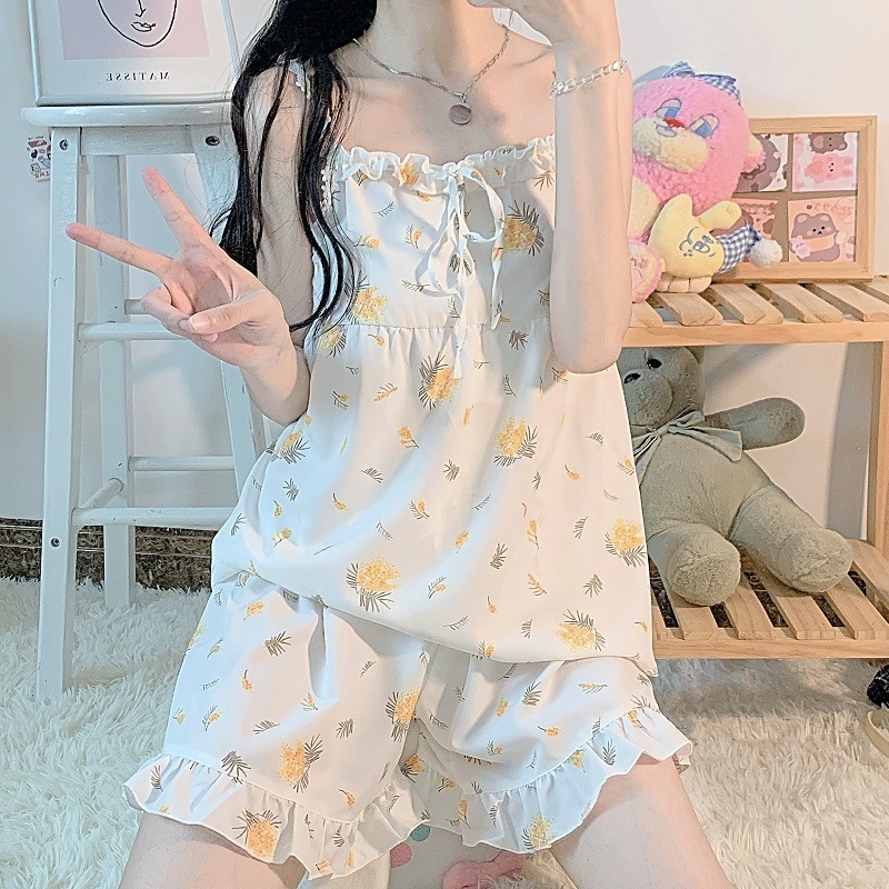 可愛花邊吊帶睡衣短褲女夏季年新款學生純欲家居服ins風套裝-細節圖10