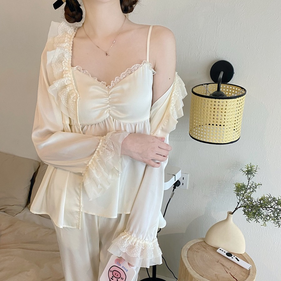 純欲風荷葉邊v領吊帶睡衣女ins三件套裝年春夏款高級感家居服-細節圖4