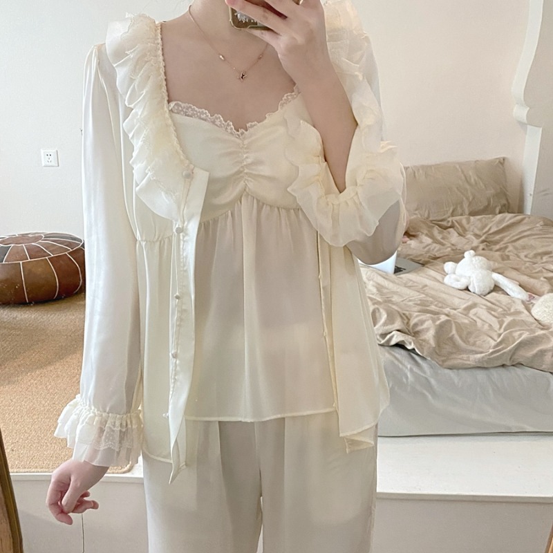 純欲風荷葉邊v領吊帶睡衣女ins三件套裝年春夏款高級感家居服-細節圖5