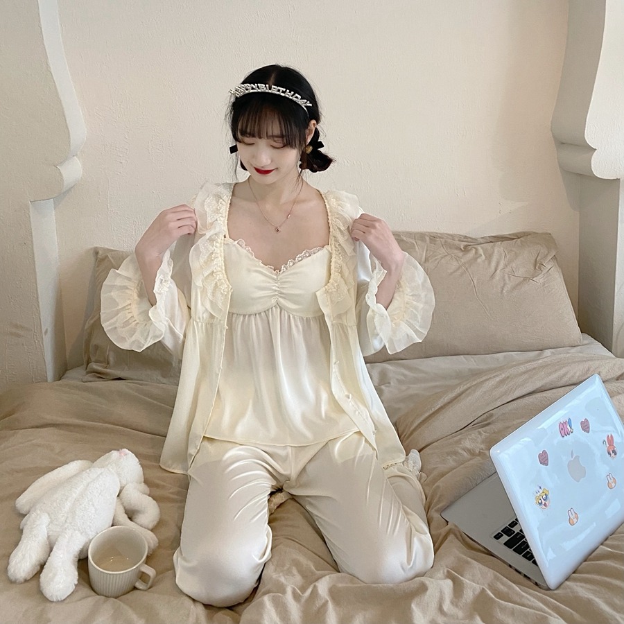 純欲風荷葉邊v領吊帶睡衣女ins三件套裝年春夏款高級感家居服-細節圖7