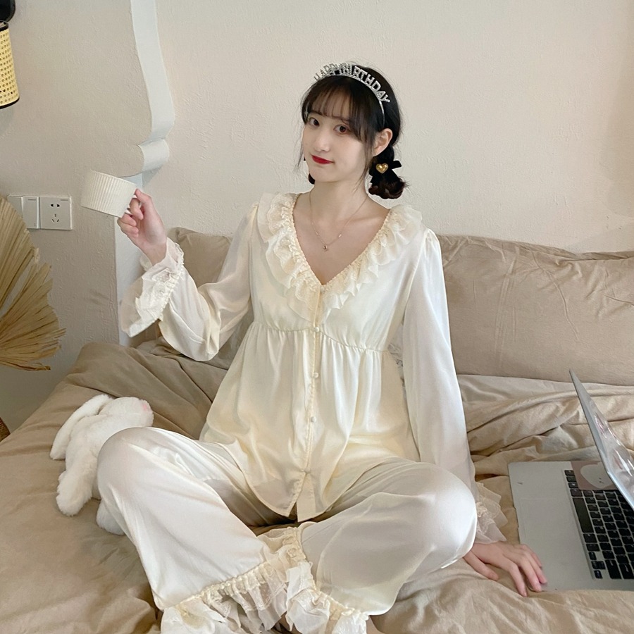 純欲風荷葉邊v領吊帶睡衣女ins三件套裝年春夏款高級感家居服-細節圖8
