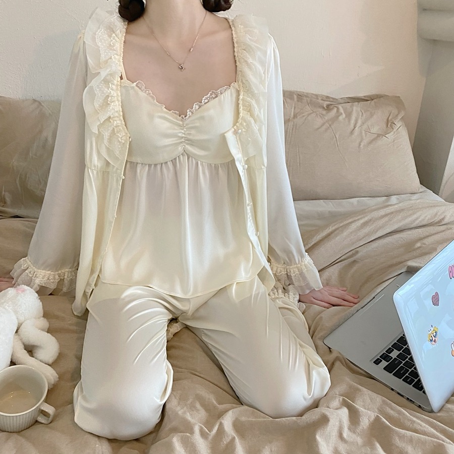 純欲風荷葉邊v領吊帶睡衣女ins三件套裝年春夏款高級感家居服-細節圖10