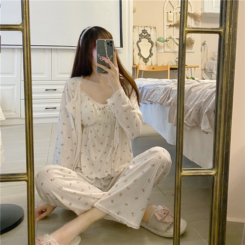 純欲風碎花吊帶睡衣女三件套裝ins春秋夏可外穿年新款家居服-細節圖4