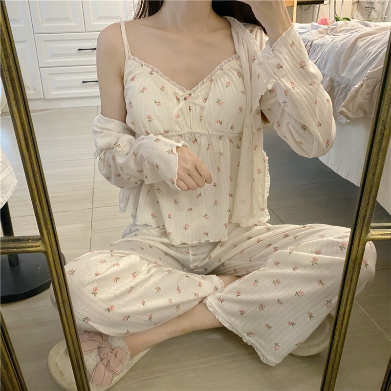 純欲風碎花吊帶睡衣女三件套裝ins春秋夏可外穿年新款家居服-細節圖6