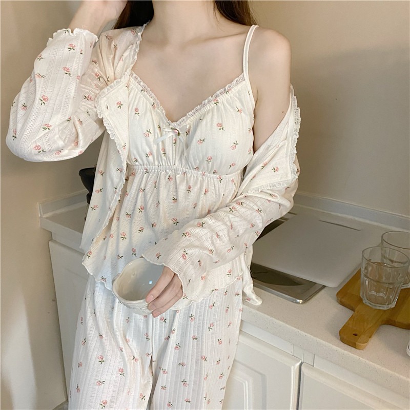 純欲風碎花吊帶睡衣女三件套裝ins春秋夏可外穿年新款家居服-細節圖7