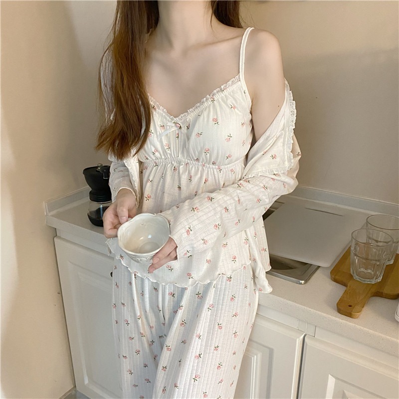 純欲風碎花吊帶睡衣女三件套裝ins春秋夏可外穿年新款家居服-細節圖8