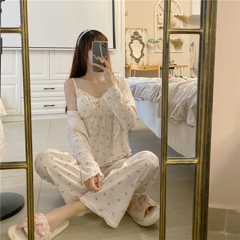 純欲風碎花吊帶睡衣女三件套裝ins春秋夏可外穿年新款家居服-細節圖10