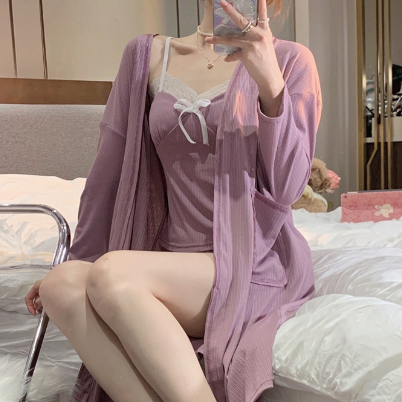 純欲風蕾絲花邊吊帶睡衣女ins可外穿睡袍家居服三件套裝春夏季款-細節圖2