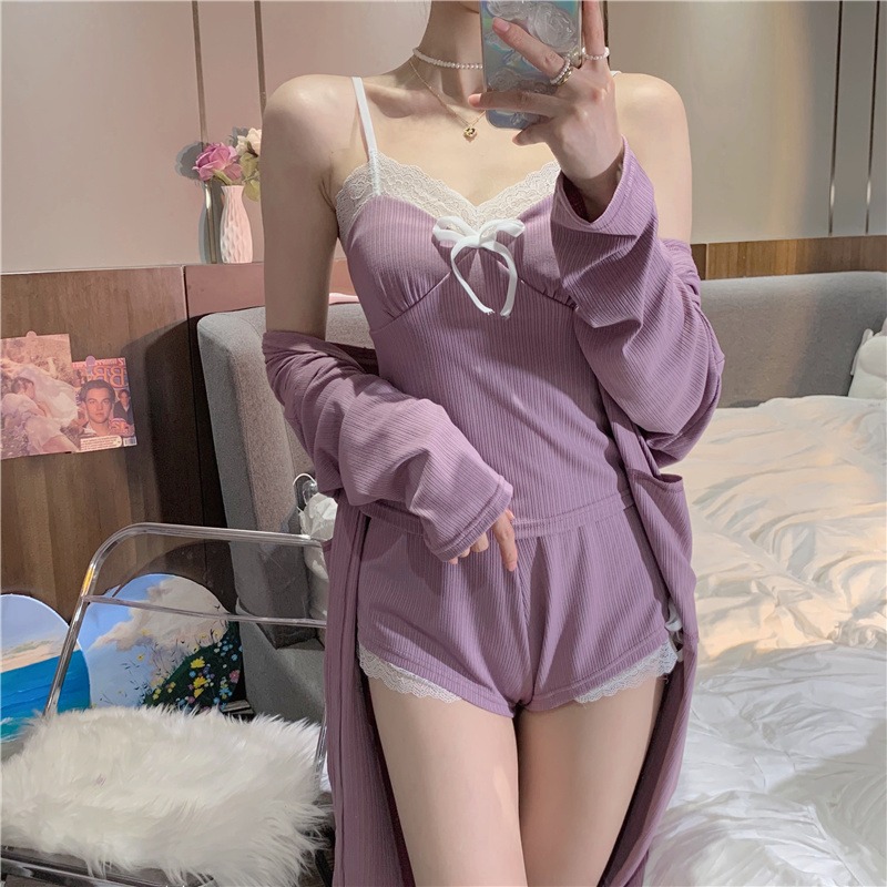 純欲風蕾絲花邊吊帶睡衣女ins可外穿睡袍家居服三件套裝春夏季款-細節圖3