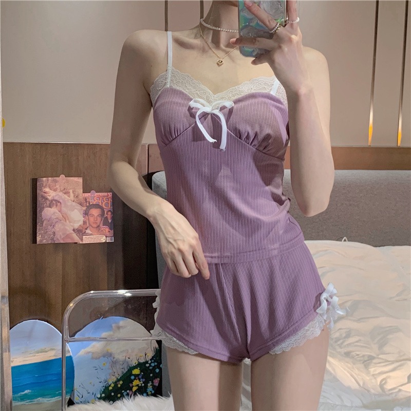 純欲風蕾絲花邊吊帶睡衣女ins可外穿睡袍家居服三件套裝春夏季款-細節圖4