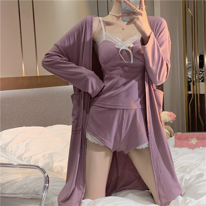 純欲風蕾絲花邊吊帶睡衣女ins可外穿睡袍家居服三件套裝春夏季款-細節圖6