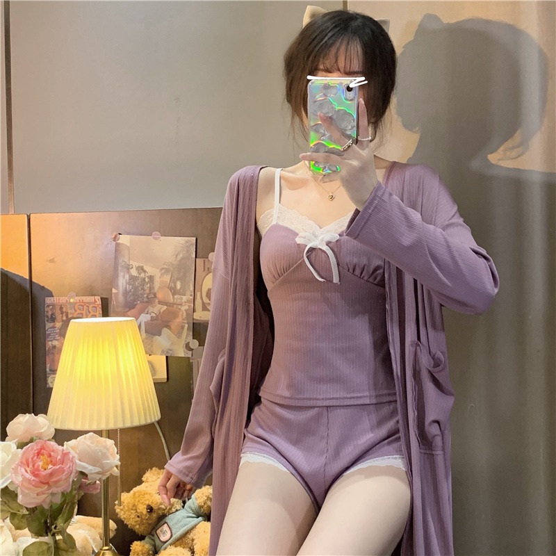 純欲風蕾絲花邊吊帶睡衣女ins可外穿睡袍家居服三件套裝春夏季款-細節圖7