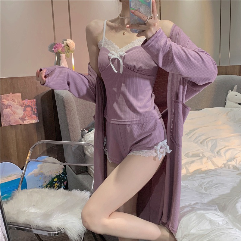 純欲風蕾絲花邊吊帶睡衣女ins可外穿睡袍家居服三件套裝春夏季款-細節圖9