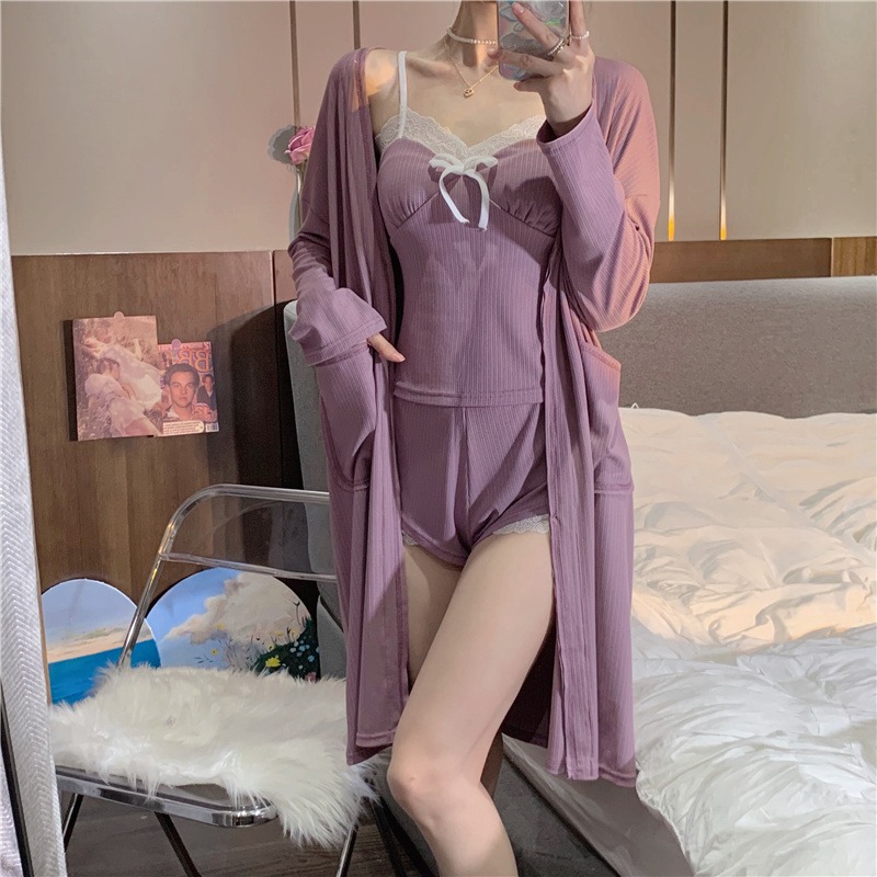 純欲風蕾絲花邊吊帶睡衣女ins可外穿睡袍家居服三件套裝春夏季款-細節圖10