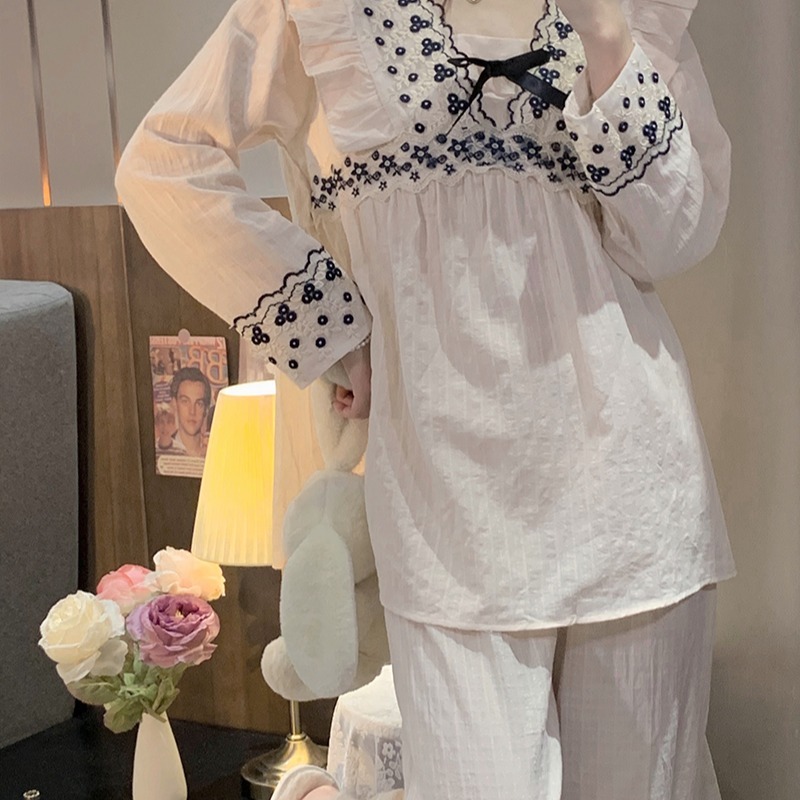 宮廷風荷葉邊方領長袖睡衣女春秋款蕾絲蝴蝶結家居服睡裙兩件套裝-細節圖5