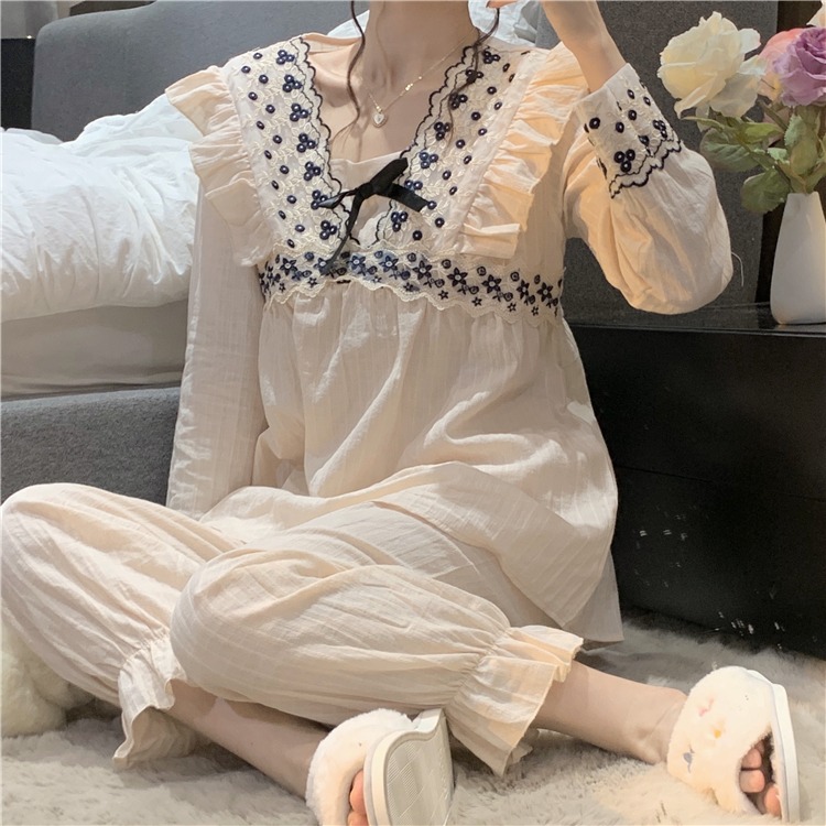 宮廷風荷葉邊方領長袖睡衣女春秋款蕾絲蝴蝶結家居服睡裙兩件套裝-細節圖6