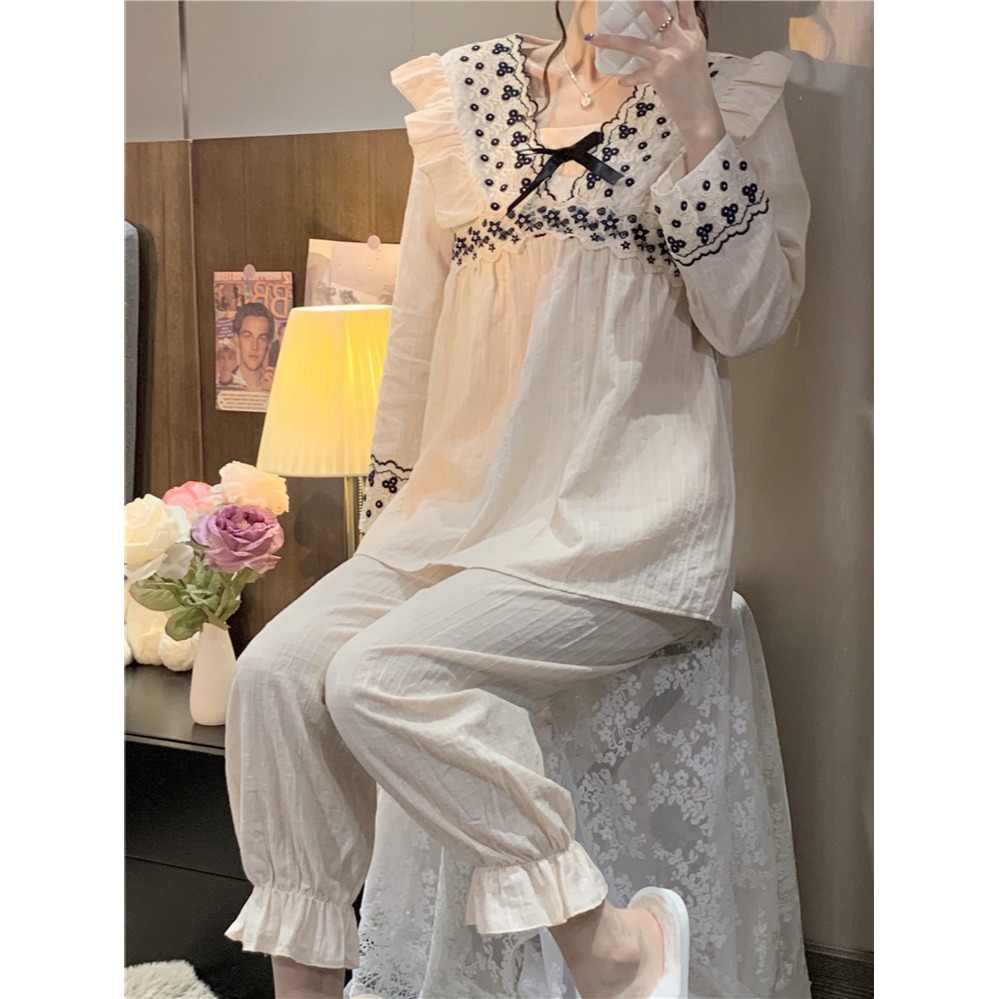宮廷風荷葉邊方領長袖睡衣女春秋款蕾絲蝴蝶結家居服睡裙兩件套裝-細節圖8