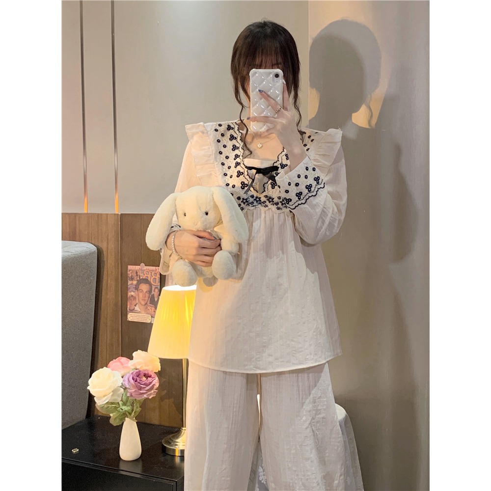 宮廷風荷葉邊方領長袖睡衣女春秋款蕾絲蝴蝶結家居服睡裙兩件套裝-細節圖9