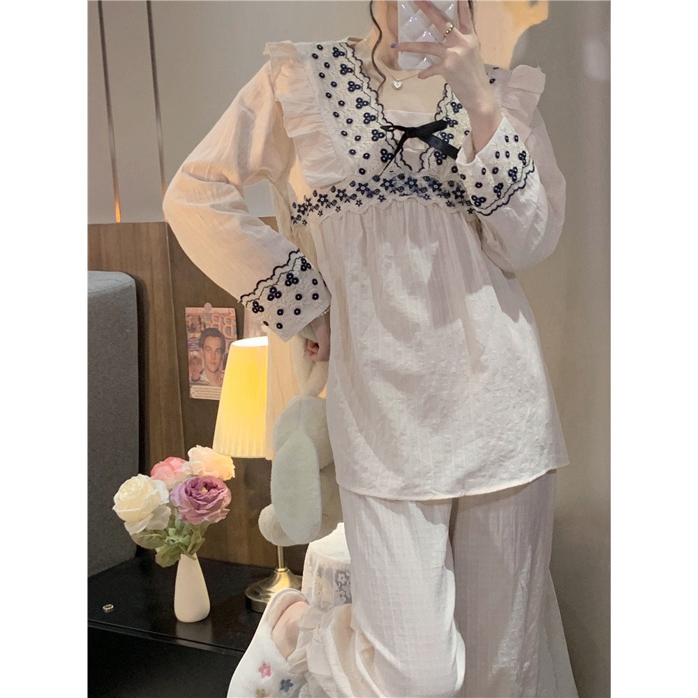 宮廷風荷葉邊方領長袖睡衣女春秋款蕾絲蝴蝶結家居服睡裙兩件套裝-細節圖10