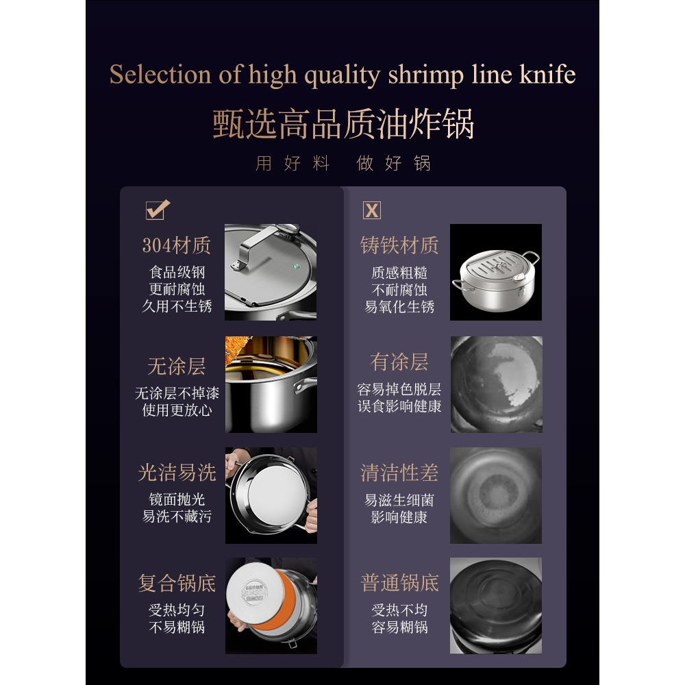 德國天婦羅油炸鍋家用小炸鍋省油日式可控溫小型炸油鍋304不銹鋼-細節圖3