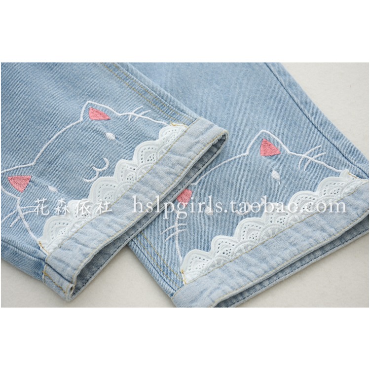 日系夏裝文藝花邊貓咪刺繡青少年牛仔褲女七分褲中學生百搭哈倫褲-細節圖3