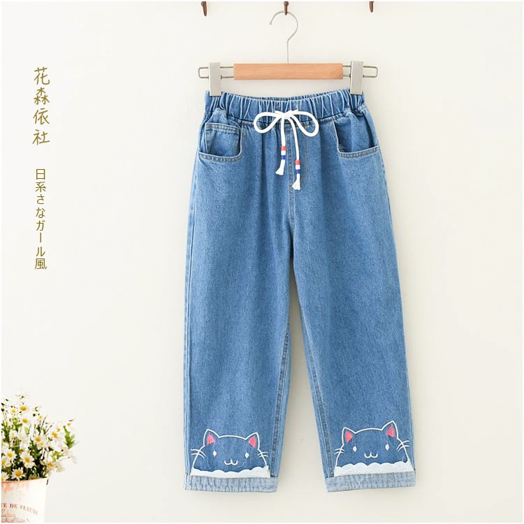 日系夏裝文藝花邊貓咪刺繡青少年牛仔褲女七分褲中學生百搭哈倫褲-細節圖4
